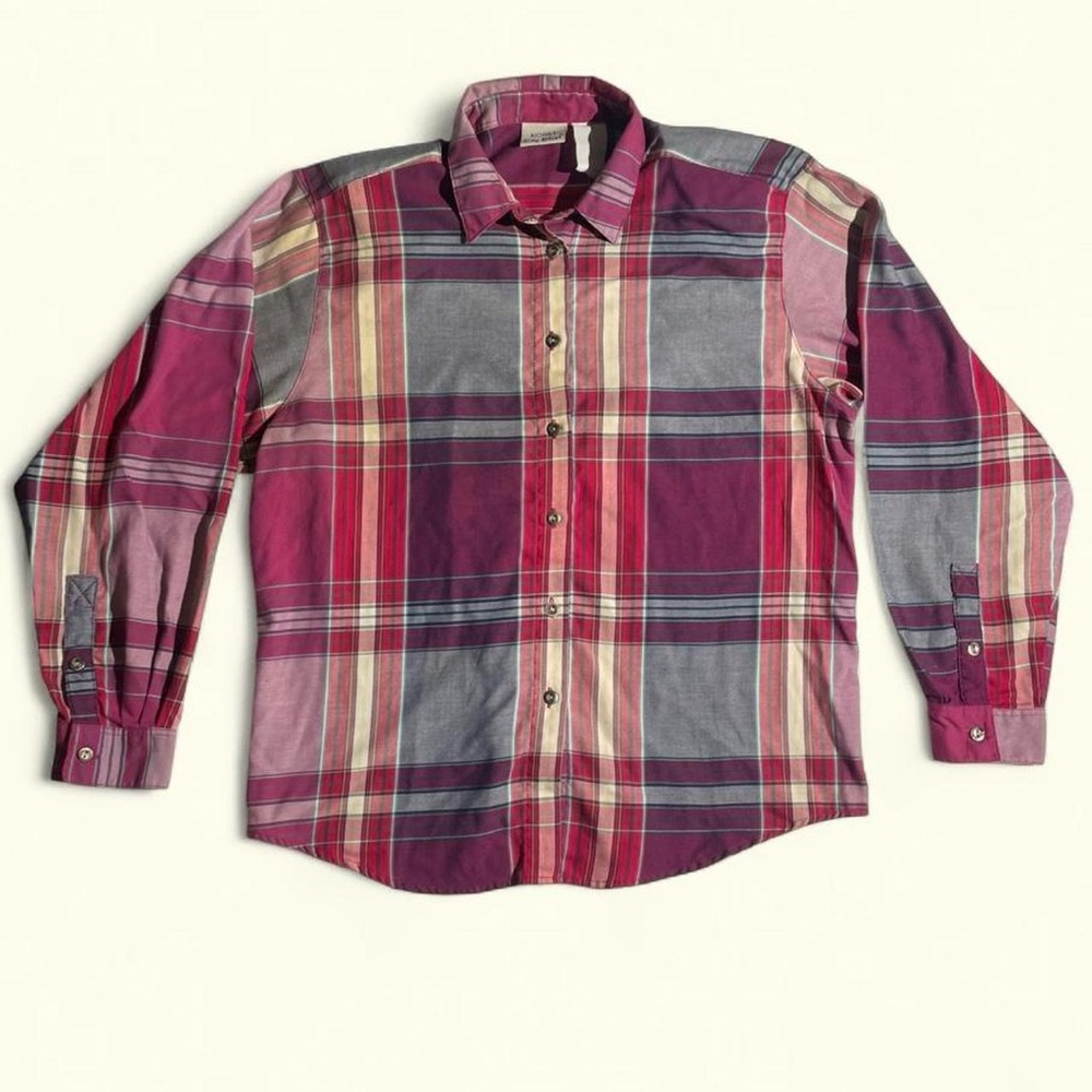 Vintage 90s Plaid Button Up Blouse Oversized Grunge Academia Shoulder Pads Koret